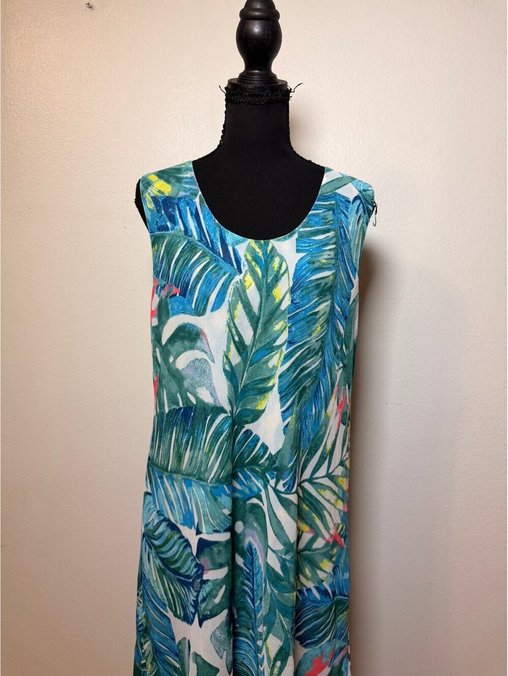 Serengeti Blue Tropical Leaf Maxi Dress L Sleeveless